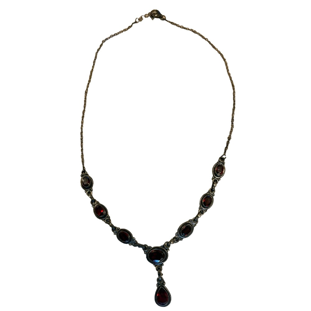 Vintage Red Garnet Style Silver Tone Y-Necklace Victorian Gothic Drop Pendant